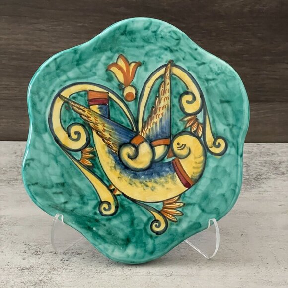 Vietri Hand Painted Bird Scallop Edge Footed Blue Yellow 7" Trivet Made in Italy - Picture 1 of 7